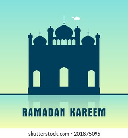 Silhouette azul de una mezquita de papel con brillantes antecedentes azules y amarillos para el mes sagrado de la comunidad musulmana Ramadan Kareem. 