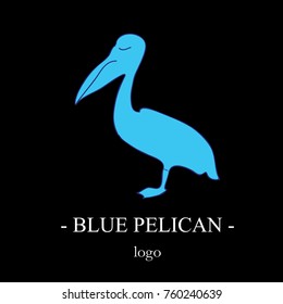 The blue silhouette of the pelican in profile, standing on one leg. A bird's trafoon on a black background. Simple stylish logo. Stylized sign of wildlife in a marine style.