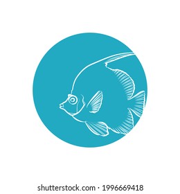 Blue silhouette of the pennant coralfish (Heniochus acuminatus) in blue circle. Vector illustration.