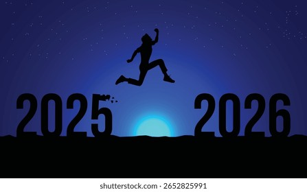 Blue Silhouette of Person Jumping Toward 2026 for Futuristic and Ambitious New Year Motivation Concept
