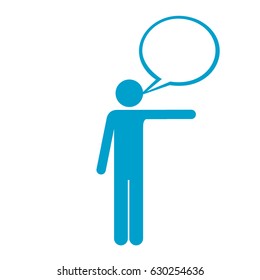 blue silhouette of pictogram man pointing with left arm and bubble speech vector illustration