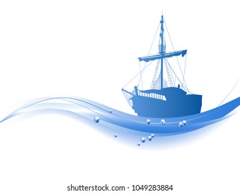 Blue silhouette of the pirate ship isolated on white background