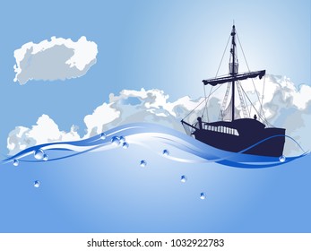 Blue silhouette of the pirate ship on sea level