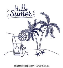 blue silhouette poster of hello summer with landscape of palm trees with cherries and cocktail vector illustration