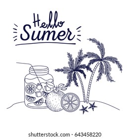 blue silhouette poster of hello summer with landscape of palm trees and bottle with citrus drink vector illustration
