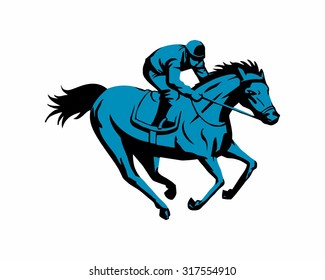 blue silhouette of riding stallion horse races logo icon image