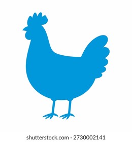 Eine blaue Silhouette eines Hahns, der mit dem Kopf nach links auf weißem Hintergrund steht.   