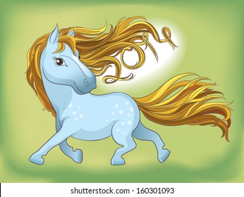 Blue silhouette of a running horse. Mane of hair swirled in the date "2014." The symbol of the coming year in the Chinese calendar.