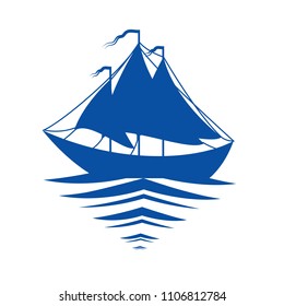Blue silhouette of a sailboat isolated on a white background. Eps 10