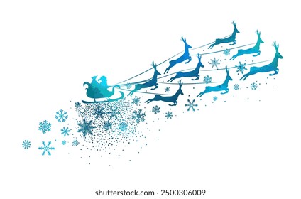 Blue Silhouette of Santa flying in his sleigh. Christmas element hand drawing. Not AI, Vector illustrations.