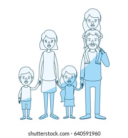 blue silhouette shading caricature big family parents with girl on his back and children taken hands vector illustration