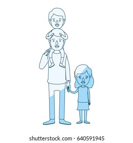 blue silhouette shading caricature dad with boy on his back and girl taken hands vector illustration