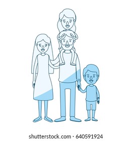 blue silhouette shading caricature family parents with girl on his back and boy taken hands vector illustration