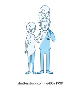blue silhouette shading caricature family with mother and father with moustache and girl on his back vector illustration