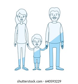 blue silhouette shading caricature family with parents and little boy taken hands vector illustration