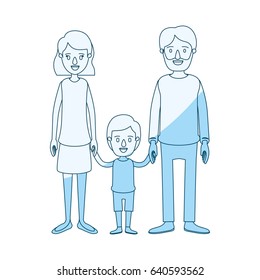 blue silhouette shading caricature family with father bearded and mom with short hair with little boy taken hands vector illustration
