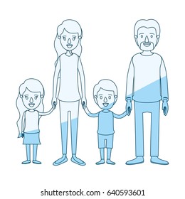 blue silhouette shading caricature family group with parents and children taken hands vector illustration