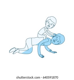blue silhouette shading caricature father with boy playing the horse on his back vector illustration