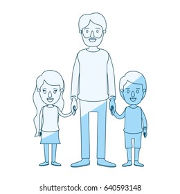 blue silhouette shading caricature full body bearded man taken hand with girl and boy vector illustration