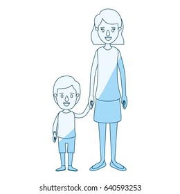 blue silhouette shading caricature full body mother taken hand with boy vector illustration
