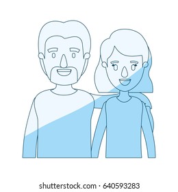 blue silhouette shading caricature half body couple woman with short hair and bearded man vector illustration