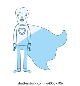 blue silhouette shading cartoon full body bearded super man hero with heart symbol in uniform vector illustration