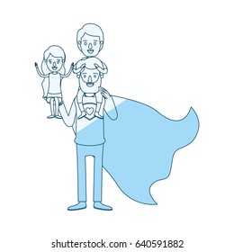 blue silhouette shading cartoon full body super dad hero with girl on his hand and boy on his back vector illustration