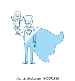 blue silhouette shading cartoon full body super dad hero with girl on his hand vector illustration