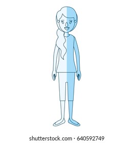 blue silhouette shading cartoon full body woman with ponytail long hair vector illustration