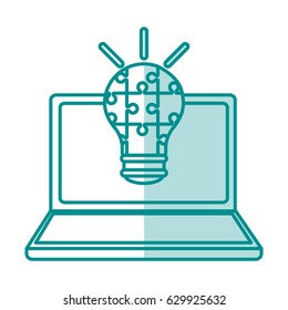 blue silhouette shading laptop computer with light bulb of pieces puzzle