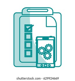 blue silhouette shading of report table with smartphone and gears