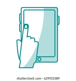 blue silhouette shading tablet tech device with hand pressing