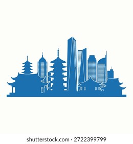 A blue silhouette showcasing a blend of ancient pagodas and contemporary skyscrapers, representing a citys architectural evolution.