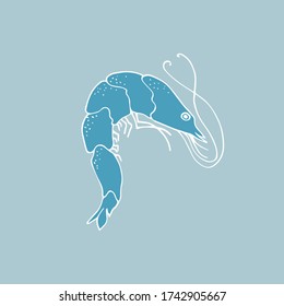 Blue silhouette of a shrimp on a blue background. Outline ocean animal illustration for nursery t shirt,kids apparel,party and baby shower invitation.Vector illustration. Save ocean poster.Icon.