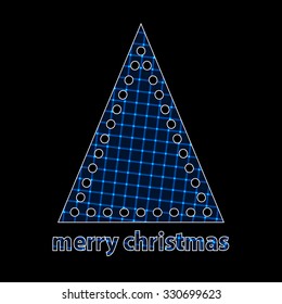 Blue silhouette of simple christmas tree with neon blue grid pattern on black background