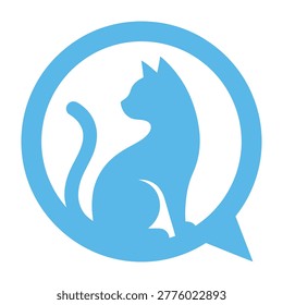 A blue silhouette of a sitting cat inside a speech bubble on white background, symbolizing conversation or message. Suitable for chat, messaging or social media concepts.