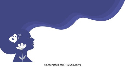 Blue silhouette of smiling woman with flying hair, mindfulness concept. Flat vector illustration banner.	