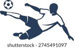 Blue silhouette of a soccer player performing a mid-air bicycle kick, representing athletic action, sports, and competition.
