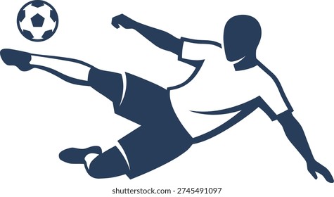 Blue silhouette of a soccer player performing a mid-air bicycle kick, representing athletic action, sports, and competition.