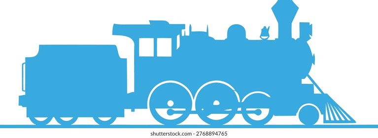 Blue silhouette of steam engine train and tender isolated on white background, transportation concept.