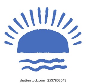 Silueta azul de un sol naciente estilizado con rayos y olas, aislado sobre un fondo blanco, Ilustración vectorial adecuada para la naturaleza, la espiritualidad o temas de decoración.