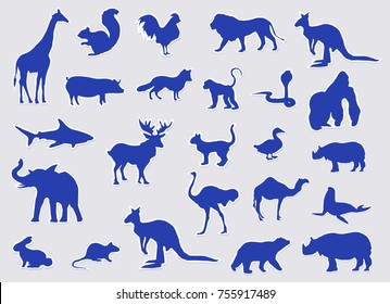 Blue Silhouette Various Animals Set Vector