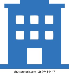 “Flat blue silhouette vector of a hotel building with multiple floors and windows on white background.”
