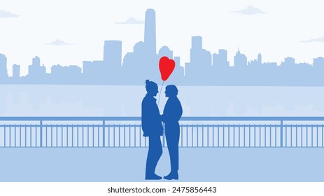 Ilustración vectorial de silueta azul de la Nueva pareja de York abrazando, amando, romance en frente del paisaje urbano con un globo en forma de corazón rojo. Útil para la portada del libro de Vector USA. Paisaje urbano de Estados Unidos. 