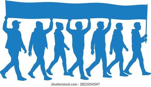 Blue silhouette vector illustration of young people and activists walking forward in unison, carrying a big blank sign banner above them for parade, protest, or campaign.