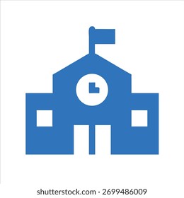 "Vetor de silhueta azul plana de um prédio escolar com um relógio e mastro no telhado sobre fundo branco."