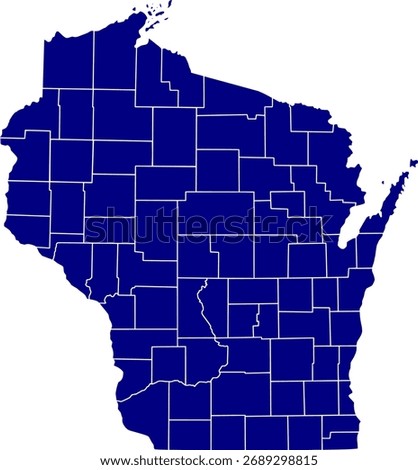 Blue silhouette vector of Wisconsin state with all internal county borders clearly defined, providing a clean and minimalist political map of the Midwestern U.S. territory.

