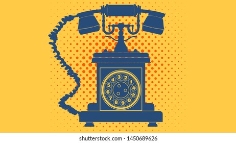 blue silhouette of vintage phone on yellow background. pop art wallpaper. vector