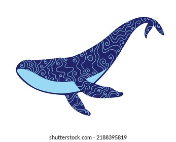 Blue silhouette of a whale with an abstract decorative ornament. Vector illustration isolated on white background