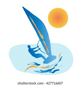 Blue silhouette of windsurfing man